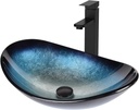 Bathroom Boat Shape Artistic Glass Vessel Sink Free Black Faucet and Pop-up Drain Set, Blue
