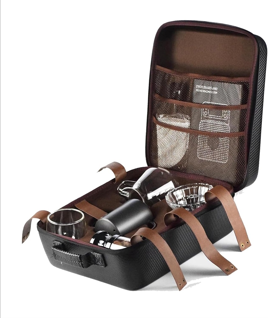 Travel Coffee Lovers Gift Sets, Camping Coffee Maker Set, Glass Pour Over Coffee maker, Stainless Manual Coffee Grinder Set-All in 1 Gift Bag, Travel Portable Pour Over Coffee Kit