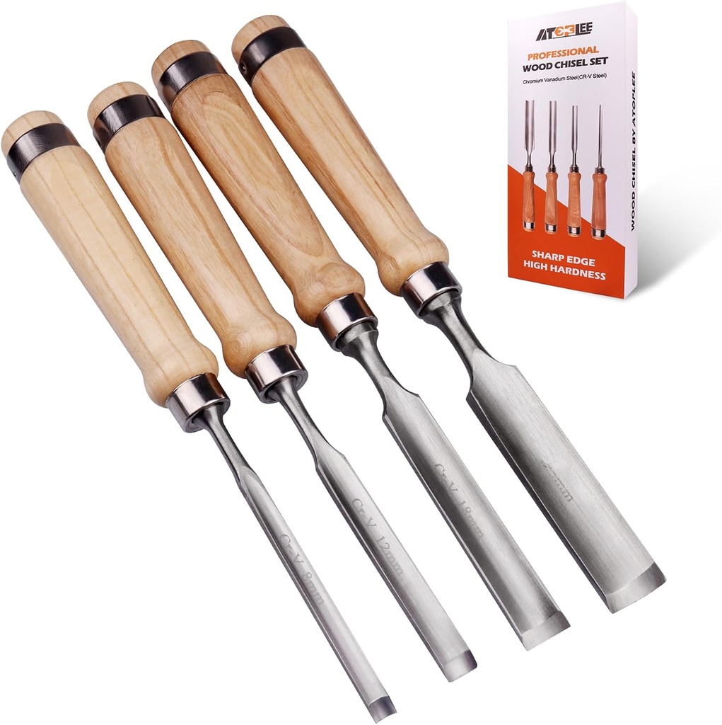 ATOPLEE 4PCS Wood Chisel Set,Curved Inner Bevel Woodworking Chisel Chrome Vanadium Steel 5/16",1/2",3/4",1" for DIY,Carpenter Craftsman,Beginners Hobbyists