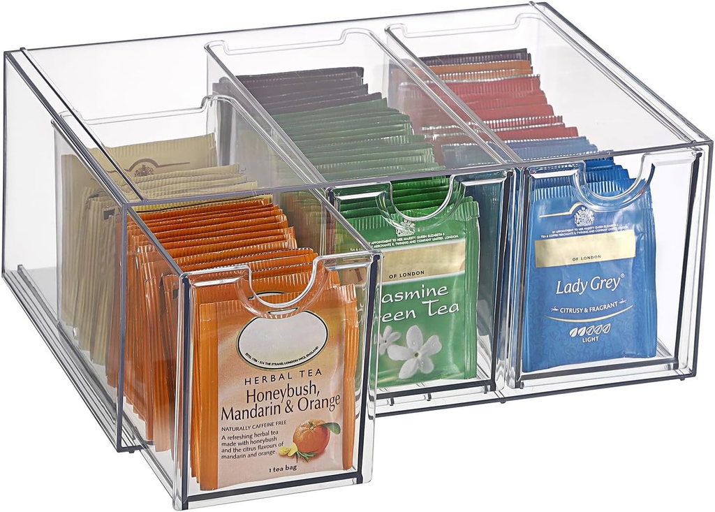 ELLDOO 3 Drawers Tea Bag Organizer Box, Clear Acrylic Stackable Tea Bag Storage Holder for Kitchen Pantry, Coffee Pod Snack Storage for Countertop Cabinet