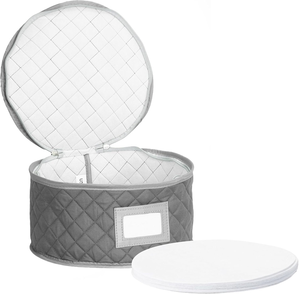Stack Store Plus More China Storage Case - Dinner Plate Quilted Case - 12 inches diameter x 7 inches height - Gray - Includes 12 Felt Separators