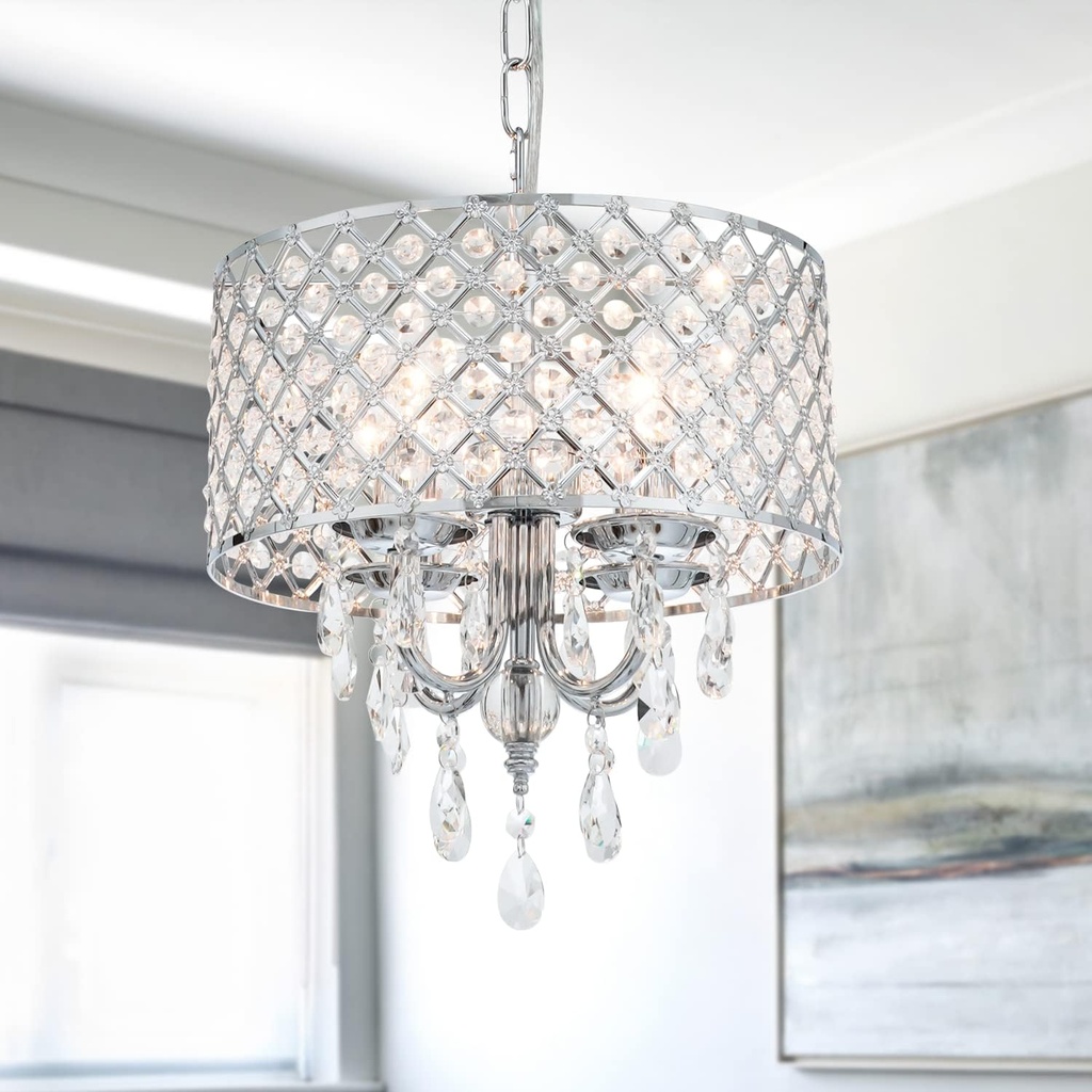 VILUXY Modern Crystal Chandelier Chrome French Country Pendant Light Small Hanging Ceiling Light Fixture Drum Shade for Bedroom, Kitchen Island, Girl Room, Dining Room 4-Light