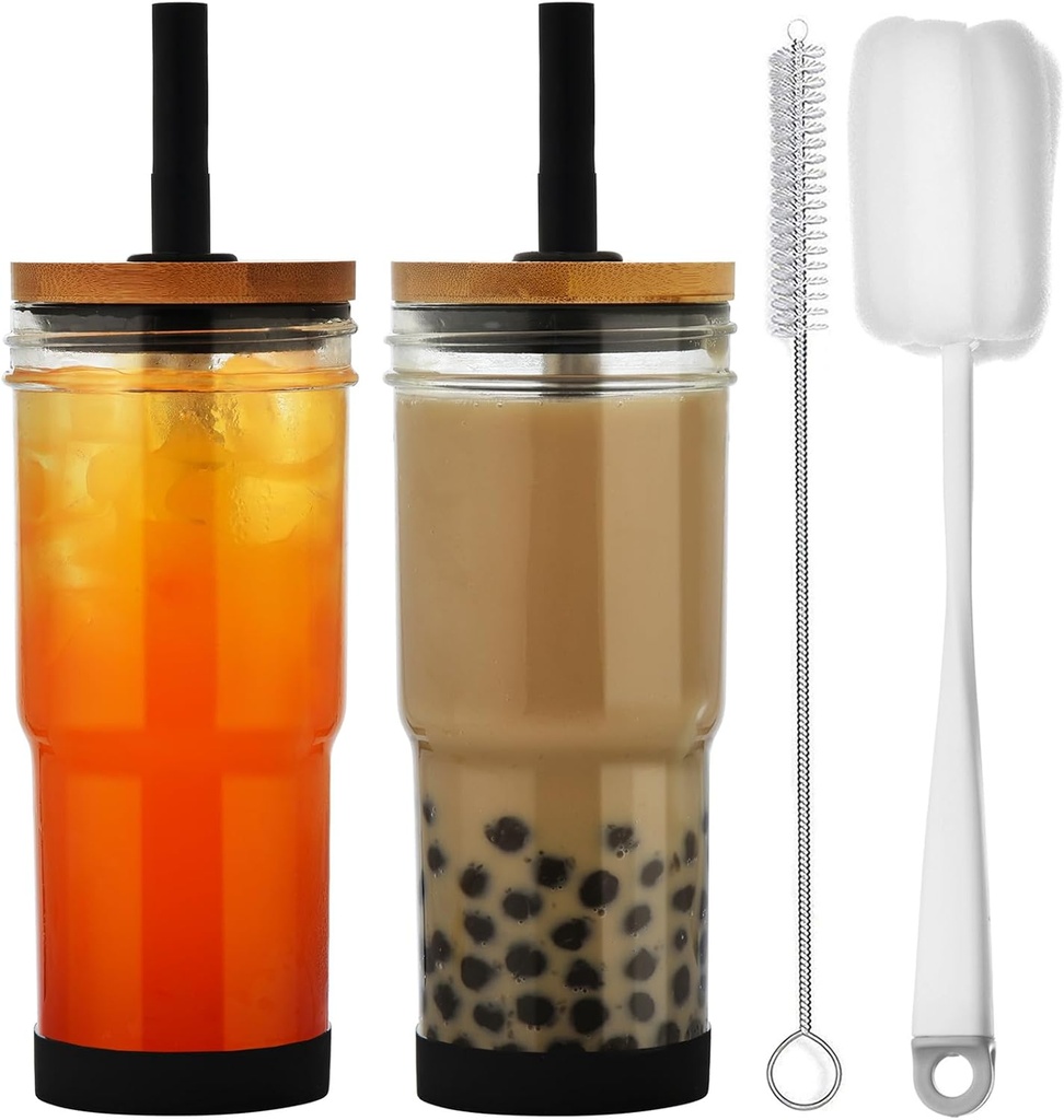 ALINK Glass Cups with Lids and Straws, 24 oz Mason Jar Drinking Glasses Tumbler with Silicone Boot, Tips, Brush, Reusable Iced Coffee Cups, Boba Tea Smoothie Cups - 2 Black