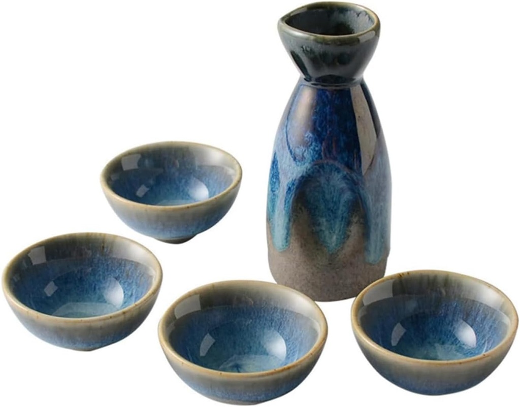 5 Piece Sake Set, Japanese Ceramics Sake Pot Set of Traditional Hand-Painted Blue Starry Sky Pattern, with 4 Sake Cups, 1 Sake Pot, 130 ML