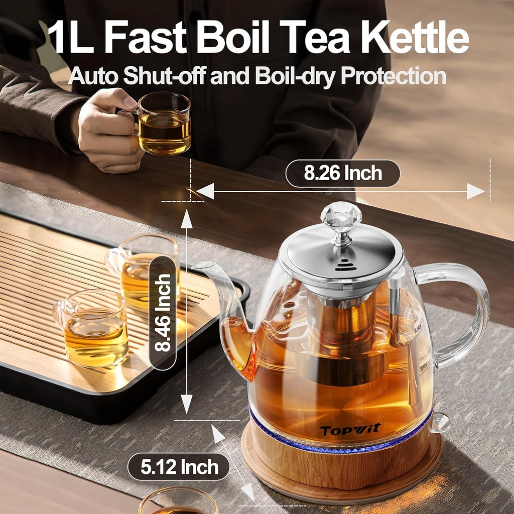 Topwit Electric Kettle Glass, For Hot Water, Tea and Coffee Dual Purpose Design, BPA-Free, 1L Pour Over Removable Stainless Steel Infuser, Auto-shut Off & Boil-dry Protect