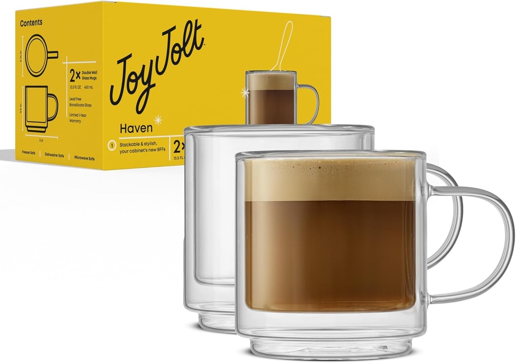 JoyJolt Haven Stackable Double Wall Glass Mugs, Set of 2 (13.5oz) Insulated Coffee Cups, Double Wall Glass Coffee Cups, Tea Cups, Latte Cups, Cappuccino Cups, Clear mugs set of 2