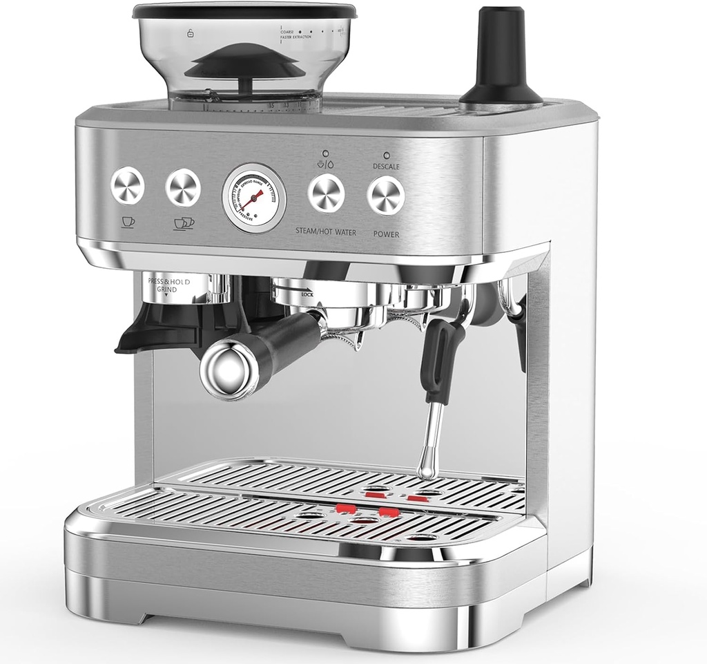 Professional Espresso Machine with Built-In Grinder and Milk Frother, 15 Bar Cappuccino and Latte Maker, Gift for Coffee Enthusiasts, Mom, Dad