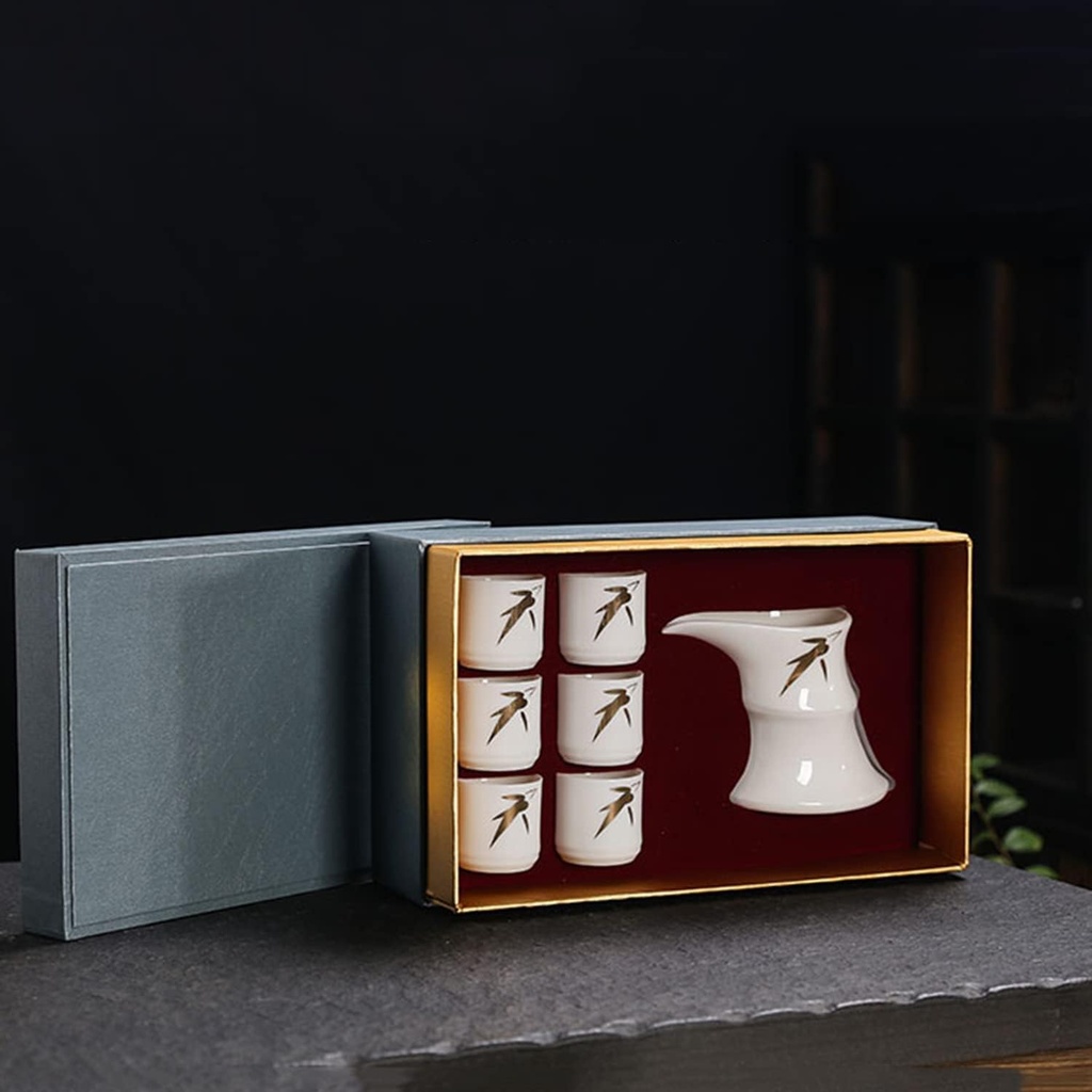 Sake Cup Set*7 Pieces Sake Set, Chinese Retro High-Grade White Jade Ceramics Sake Cup Set, Elegant Design Best Gift for Family and Friends, with 6 Sake Cups, 1 Sake Pot Mugs, Onecolor