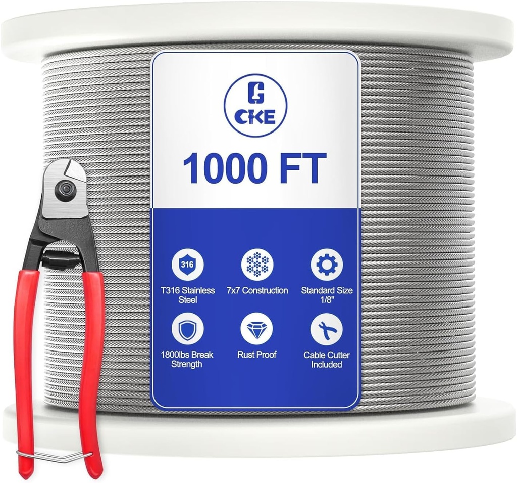 CKE 1000FT 1/8" Stainless Steel Cable T316 Stainless Steel Wire Rope Cable for Deck Stair Cable Railing Kit System, 7x7 Strands Construction 1/8" Aircraft Stainless Wire Cable DIY Balustrades CW600