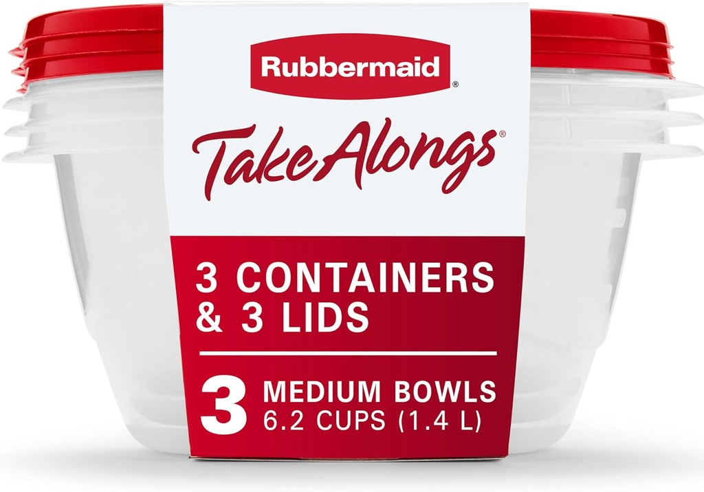 Rubbermaid TakeAlongs Serving Bowl Food Storage Containers, 6.2 Cup, Tint Chili, 3 Count ,Chili Red
