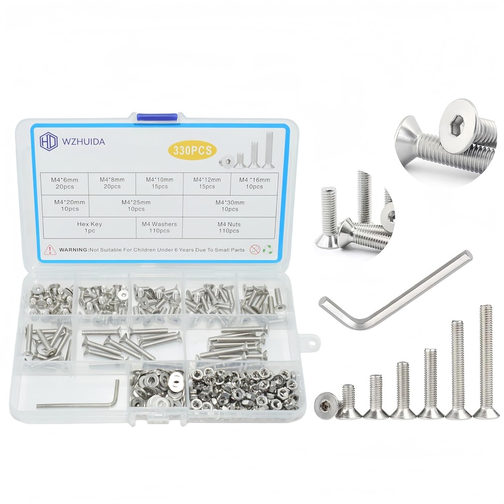 330 Pcs M4 Screws Assortment Kit, M4x6mm/8mm/10mm/12mm/16mm/20mm/25mm/30mm, Metric Hex Flat Head Countersunk Screws Nuts Washers Kit with Wrench, 304 Stainless Steel