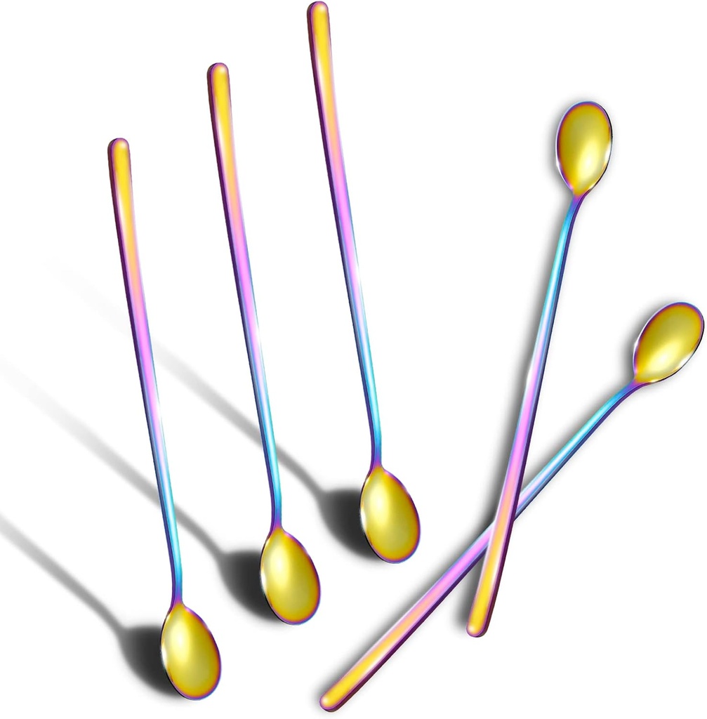 Iced Tea Spoons (2022 New), Long Handle Spoon, Colorful Plated Coffee Spoon, Stainless Steel Ice Cream Spoon, 9.41" Stirring Spoons for Tea Latte Cocktail Milkshake Dessert, Pack of 5