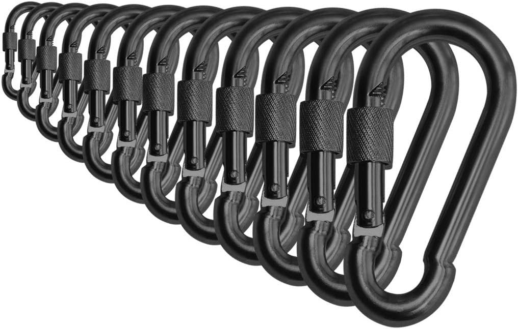 Black & Silver Heavy Duty Bushcraft Locking Thumb Screw Closure Zinc-Galvanized Steel Carabiner Spring Snap Clip Link Hooks 200-400lb Load. 6 & 12 Packs