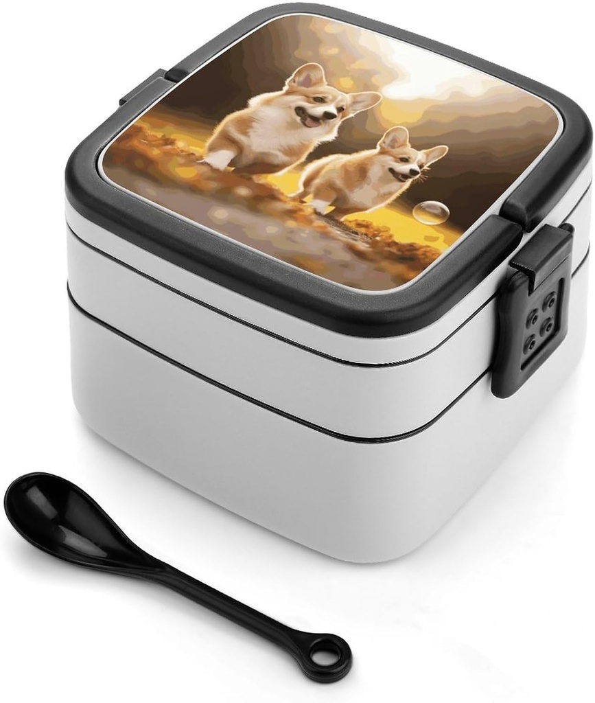 Personalize Double Layer Bento Box Cute Corgi Dog Lunch Box - Durable, Leak-Proof with Spoon Adult Premium Bento Case for Work Travel Camping