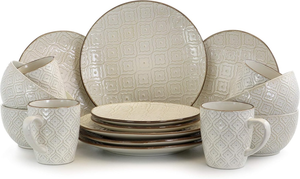 Elama White Lily 16 Piece Luxurious Stoneware Dinnerware with Complete Setting for 4