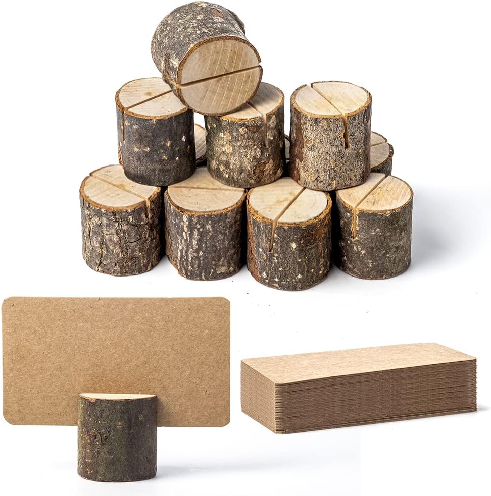 12Pcs Mini Wood Place Card Holders and 24Pcs Kraft Place Cards, Rustic Table Number Holders, Food Labels for Party Buffet, Name Card Photo Picture Holders for Harvest Fall Thanksgiving Wedding Birthday Party