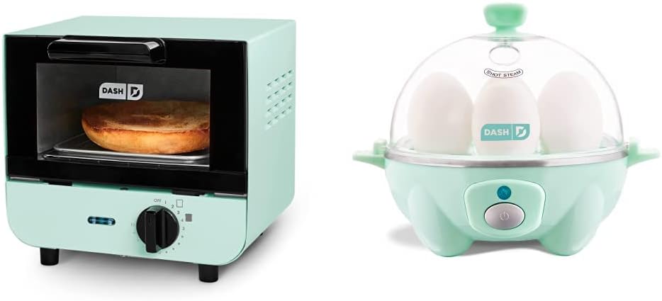 DASH Mini Toaster Oven Cooker for Bread, Bagels, Cookies, Pizza, Paninis & More with Baking Tray,Aqua & Rapid Egg Cooker: 6 Egg Capacity Electric Egg Cooker for Hard Boiled Eggs,Aqua, 5.5 Inch