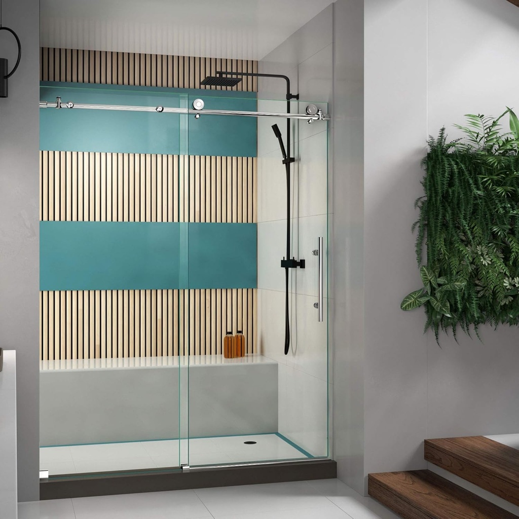DreamLine Enigma-X 56-60 in. W x 76 in. H Fully Frameless Sliding Shower Door in Polished Stainless Steel, SHDR-61607610-08