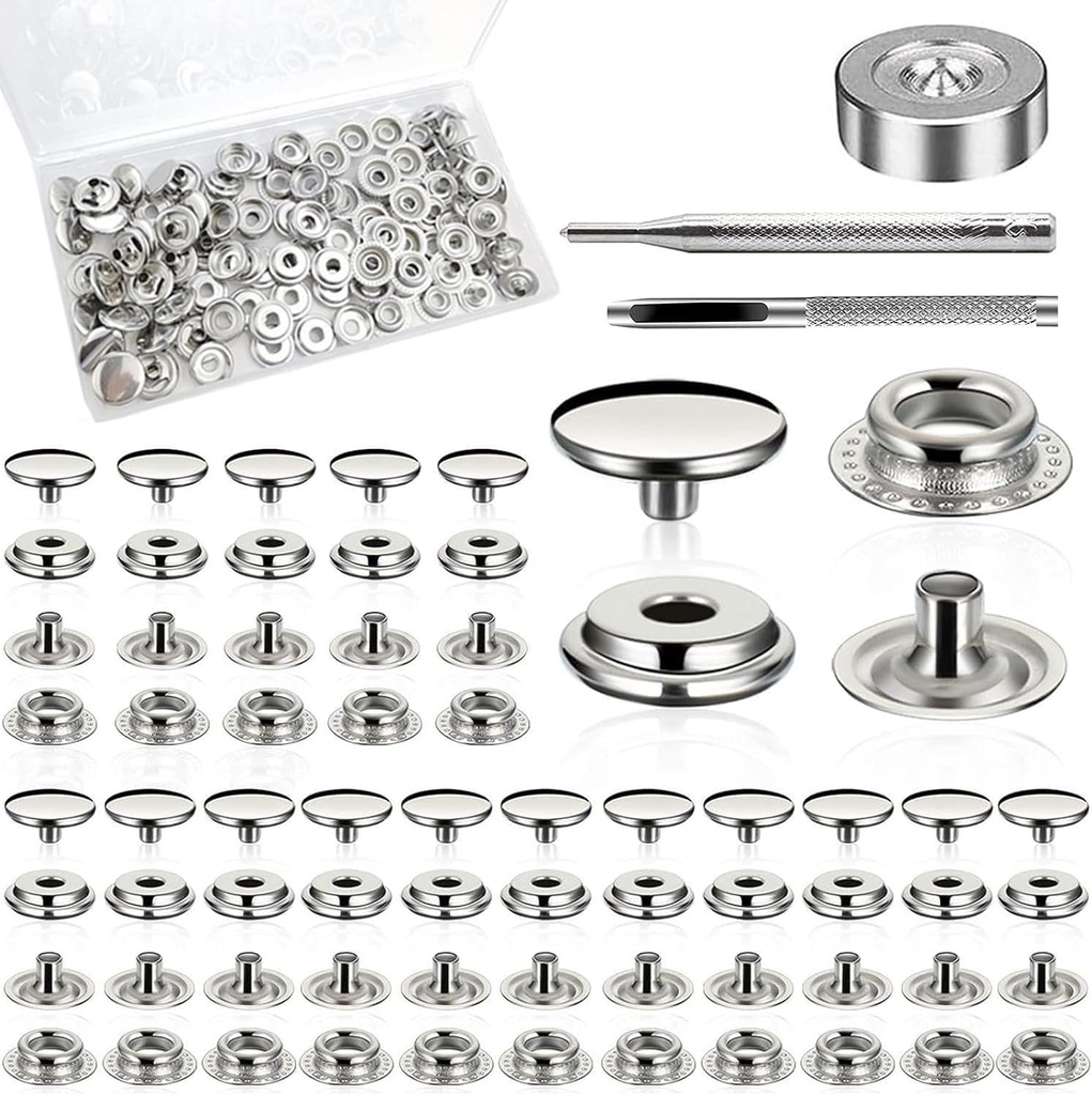 200pcs(50 Sets) 15mm Heavy Duty Stainless Steel Snap Buttons Kit | Marine Grade Rustproof Fasteners with Setting Tool | for Boat Canvas, Leather, Clothing, Tents, Furniture Covers