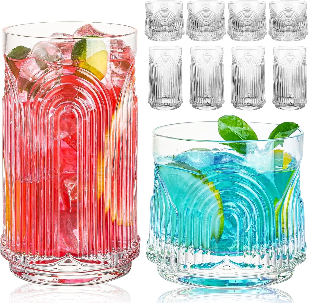 Vintage Drinking Glasses, Art Deco Glassware, Set of 8 Hand-Made Glass Cups-17oz Highball Glasses & 10oz Cocktail Glasses, Ribbed Glassware, Bar Tumbler Set, Kitchen Glass ware