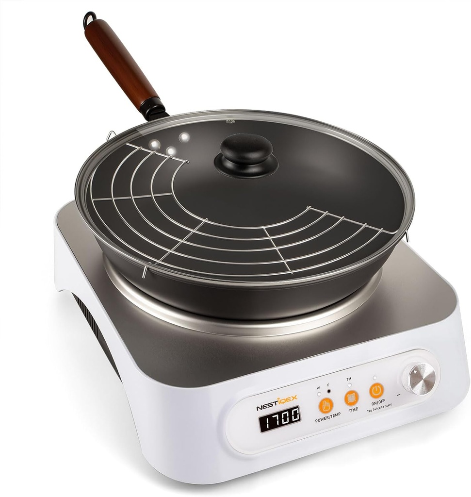 Induction Wok Burner, NESTIQEX Portable Induction Cooktop with Carbon Steel Wok, Glass Vented Lid, Rack, 194℉~446℉, 24 Hrs Timer, Auto-off 1700W/120V Electric Burners for Restaurant, Kitchen