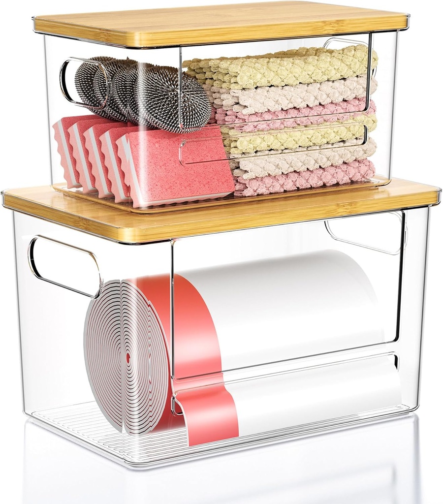 Trash Bag Dispenser 2 Pack (XL+S) - Acrylic Garbage Bags Dispenser with Bamboo Top, Trash Bag Holder Under Sink for Pantry, Kitchen, Laundry Room, Cabinet