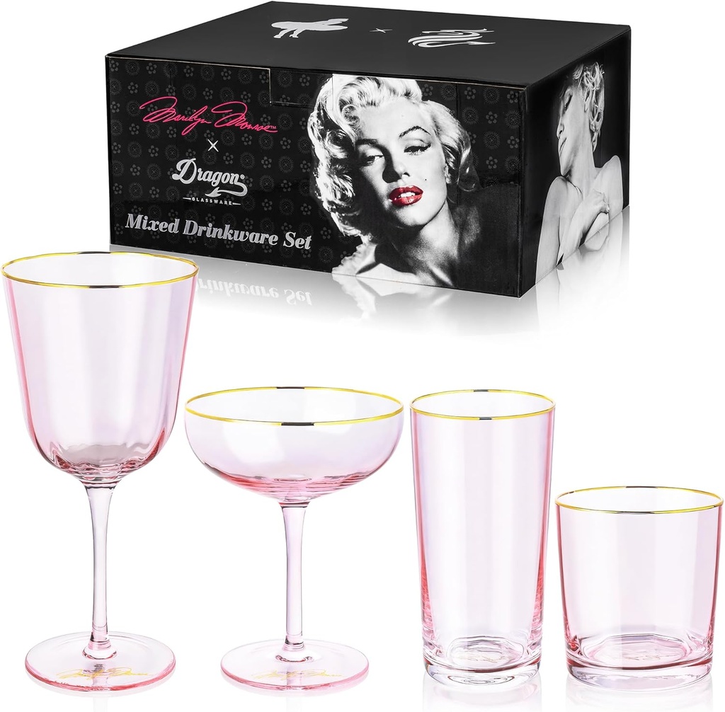 Dragon Glassware x Marilyn Monroe Pink Drinkware Set of 4 - Includes Wine, Martini, Whiskey & Drinking Glasses - Marilyn Monroe Gifts for Women - Pink Glassware Set