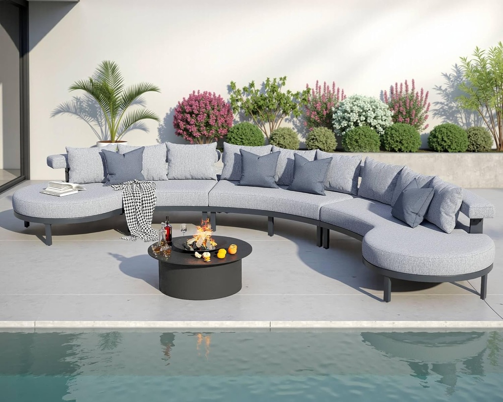 10 Seats Aluminum Patio Furniture Set, Outdoor Modular Sectional Sofa with 6" Cushions, Curved All-Weather Conversation Set for Modern Backyard, Deck, or Poolside.