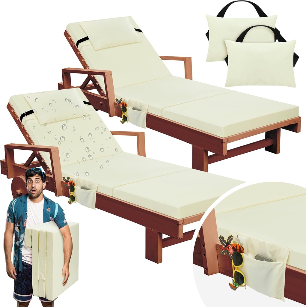 Bucherry 2 Pcs Chaise Lounge Cushions Outdoor with Headrest and Side Pocket Waterproof Chair Cushions Fade Resistant Patio Replacement Cushion Outdoor Furniture Pool 72 x 21 x 3 Inch(Beige)