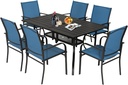 7 Piece Patio Dining Set Outdoor Furniture, Rectangular Metal Slatted Table with 1.57" Umbrella Hole & 6 Blue Textilene Chairs