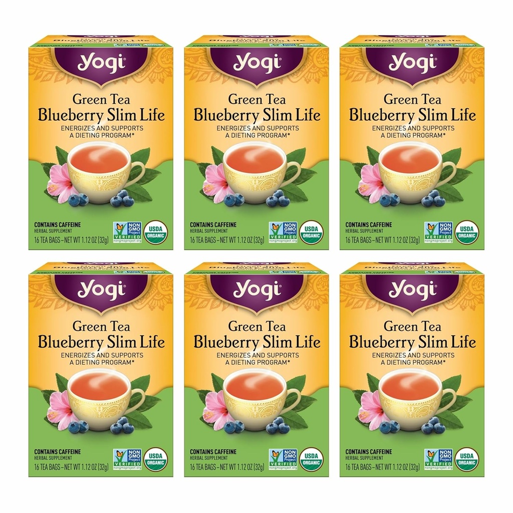 Yogi Tea Green Tea Blueberry Slim Life Tea - 16 Tea Bags per Pack (6 Packs) - Organic Tea to Support Stamina & Energy - Includes Green Tea Leaf, Bilberry Leaf, Hibiscus Flower, Blueberries & More.