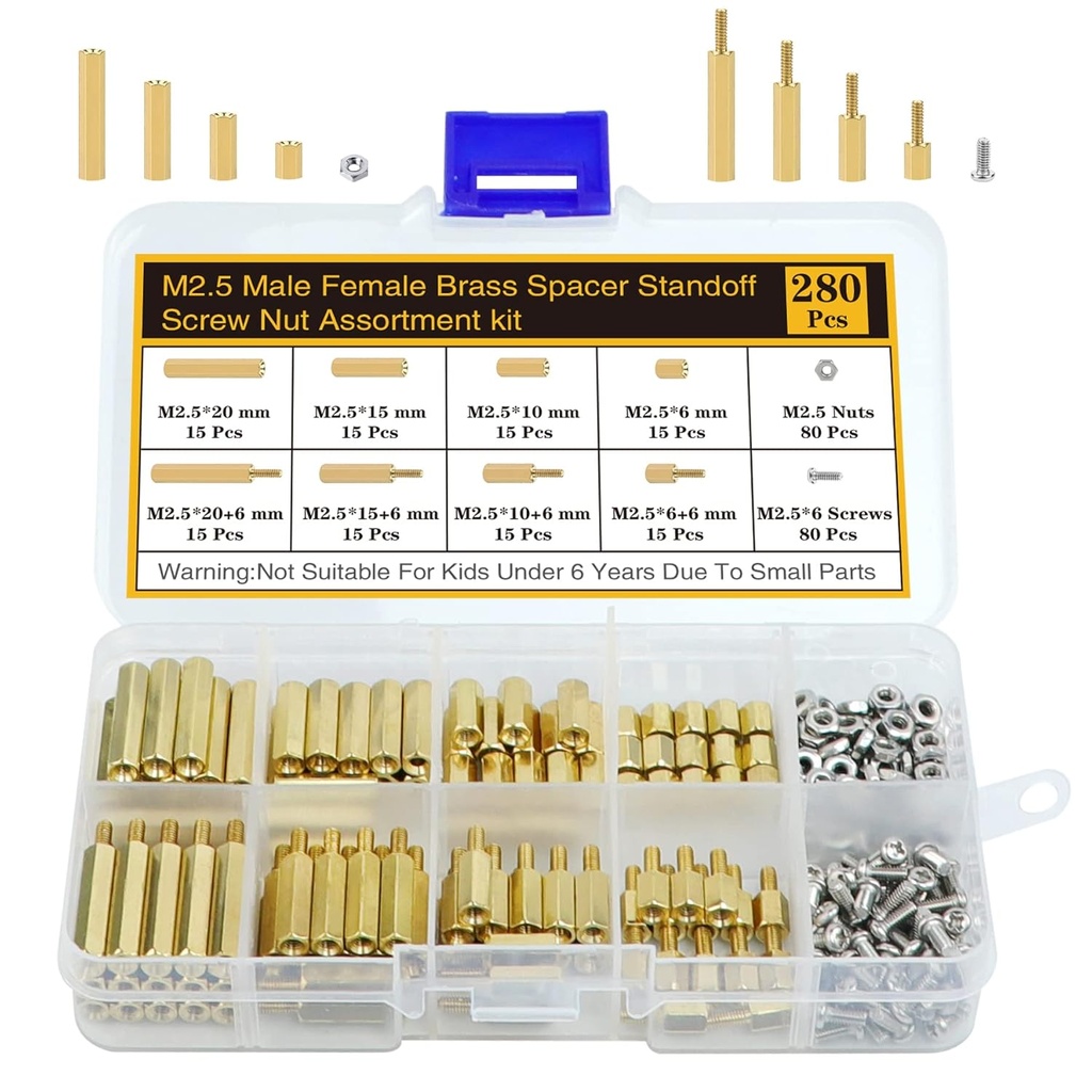 280Pcs M2.5 Motherboard Standoffs&Screws&Nuts Kit, Hex Male-Female Brass Spacer Standoffs, Laptop Screws for DIY Computer Build, Electronic Projects, Raspberry Pi, Circuit Board etc.