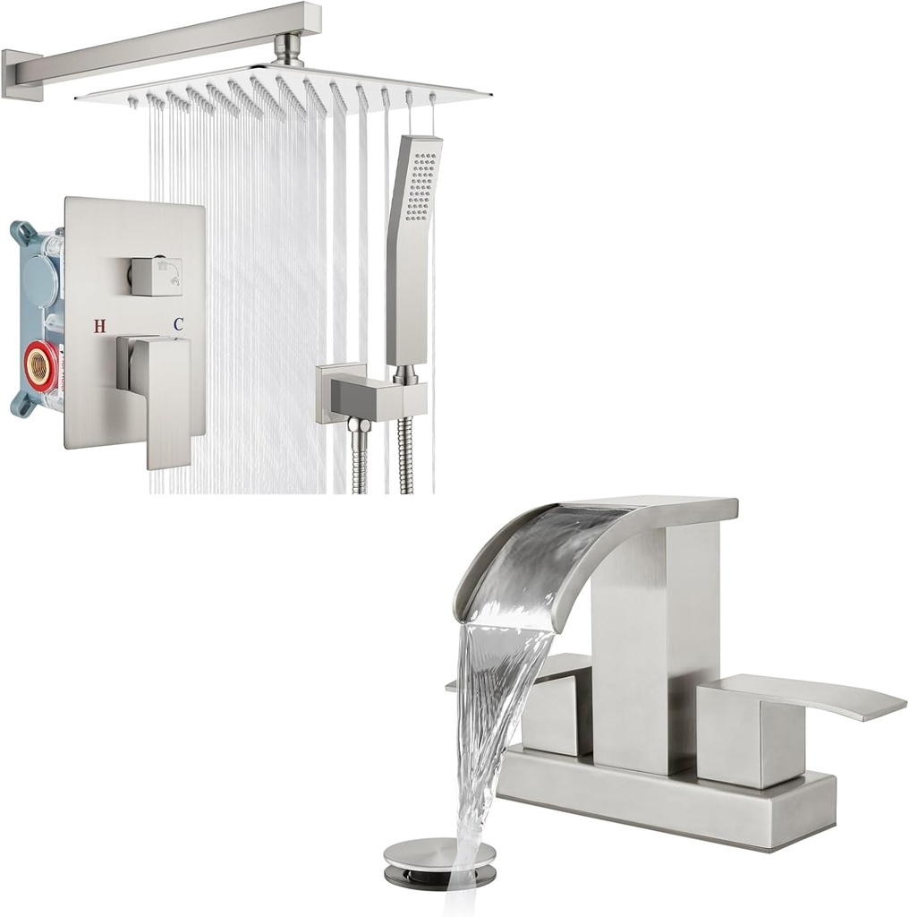 gotonovo Rainfall Bathroom Shower System Shower Head and Handle Set Wall Mounted 12 Inch with gotonovo 4 Inch Centerset Waterfall Bathroom Sink Faucet Deck Mount 2 Handle 2 or 3 Hole Brushed Nickel