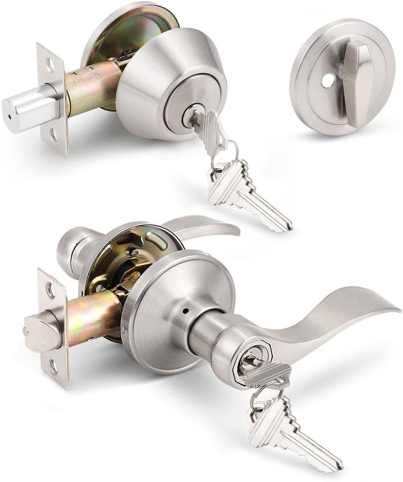 Gobrico Keyed-Alike Wave Style Door Handles and Single Cylinder Deadbolt Keyed One Side Satin Nickel Same Key Front Exterior Door Levers with Deadbolt Combination 4 Pack