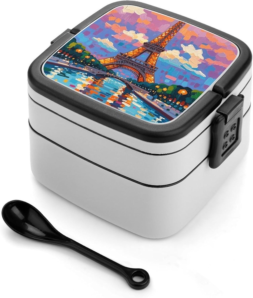 Eiffel Tower Paris Painting Bento Box with Spoon, 2-layer Stackable Lunch Box Leak Proof with Invisible Handle, Insulated Food Storage for Office, Picnic & Travel