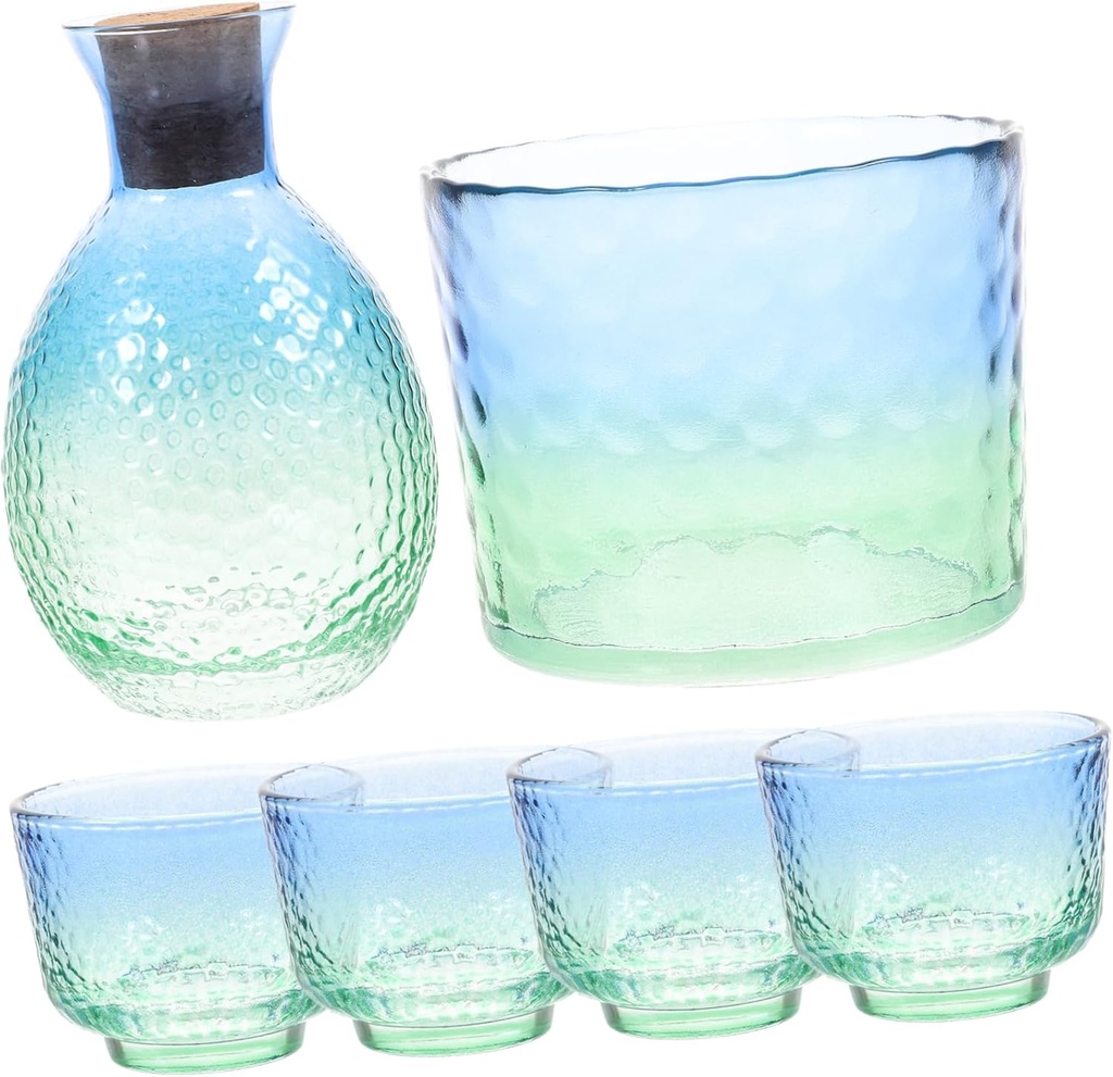 Mobestech Japanese Sake Set Hammered Texture Sake Bottle and Cups Traditional Floral Design 4-Piece Home Barware for Drinking