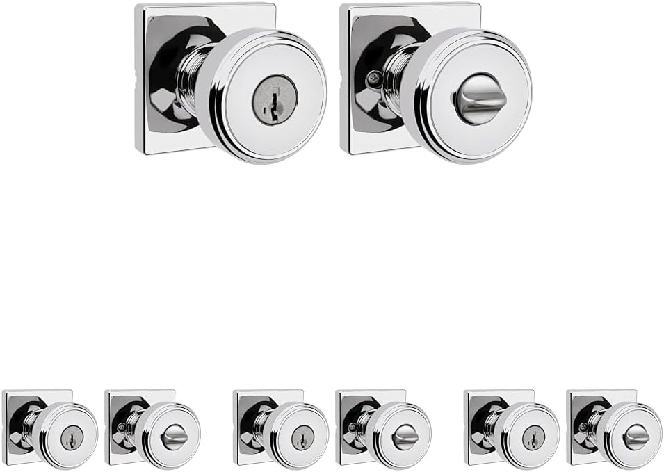 Kwikset Maven Entry Door Knob with Lock and Key, Secure Keyed Handle Exterior, Square Front Entrance and Bedroom, Polished Chrome, Pick Resistant SmartKey Rekey Security and Microban (Pack of 4)