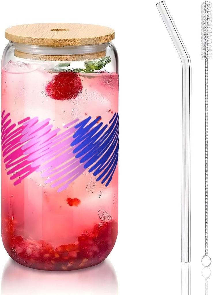 Bisexual Flag Hearts Love Lgbt Bi Pride 16 Oz Drinking Glasses With Bamboo Lids,Glass Straw And Cleaning Brushes Glass Tea Cup For Iced Coffee,Smoothie,Cocktail,Beer,Whiskey,Soda,Matcha