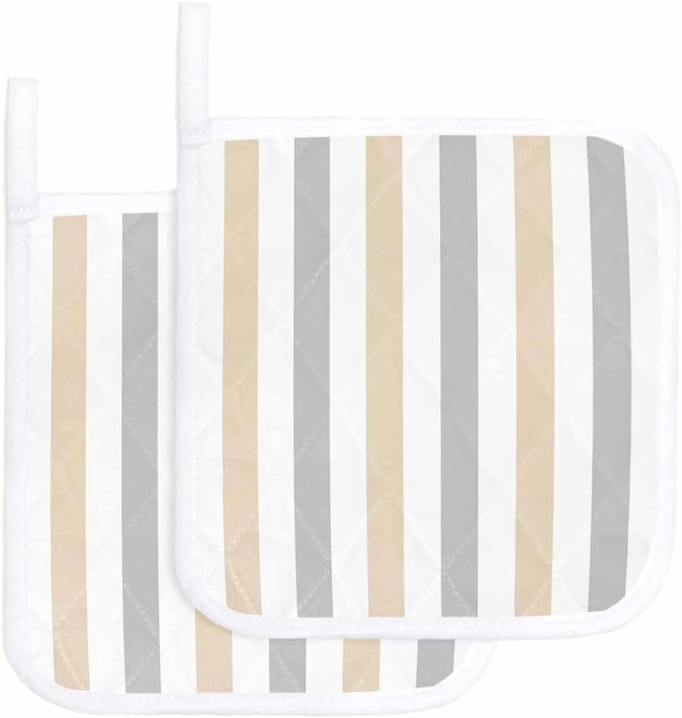 2 Packs Beige Grey Striped Pot Holders Sets for Kitchen,Oven Pan Plate Bowl Pads Heat Proof Mat with Hanging Loop,Geometric Vertical Stripes White Thick Cloth Potholders Non Slip for Cooking Baking