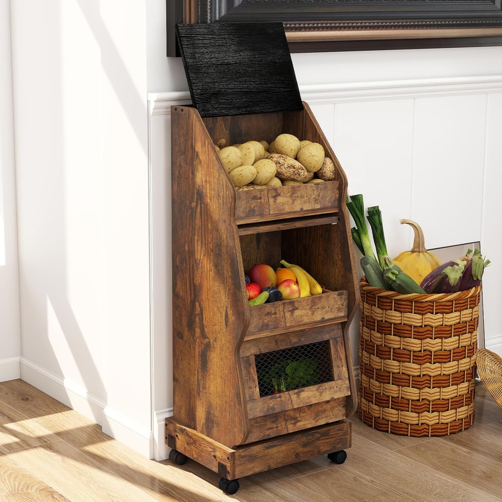 ARTETHYS Potato Storage Bin Movable Bread Box with Lid Rustic and Wheels Onion Organizer with Grocery Section Decorative Vegetable Organization Cabinet for Kitchen