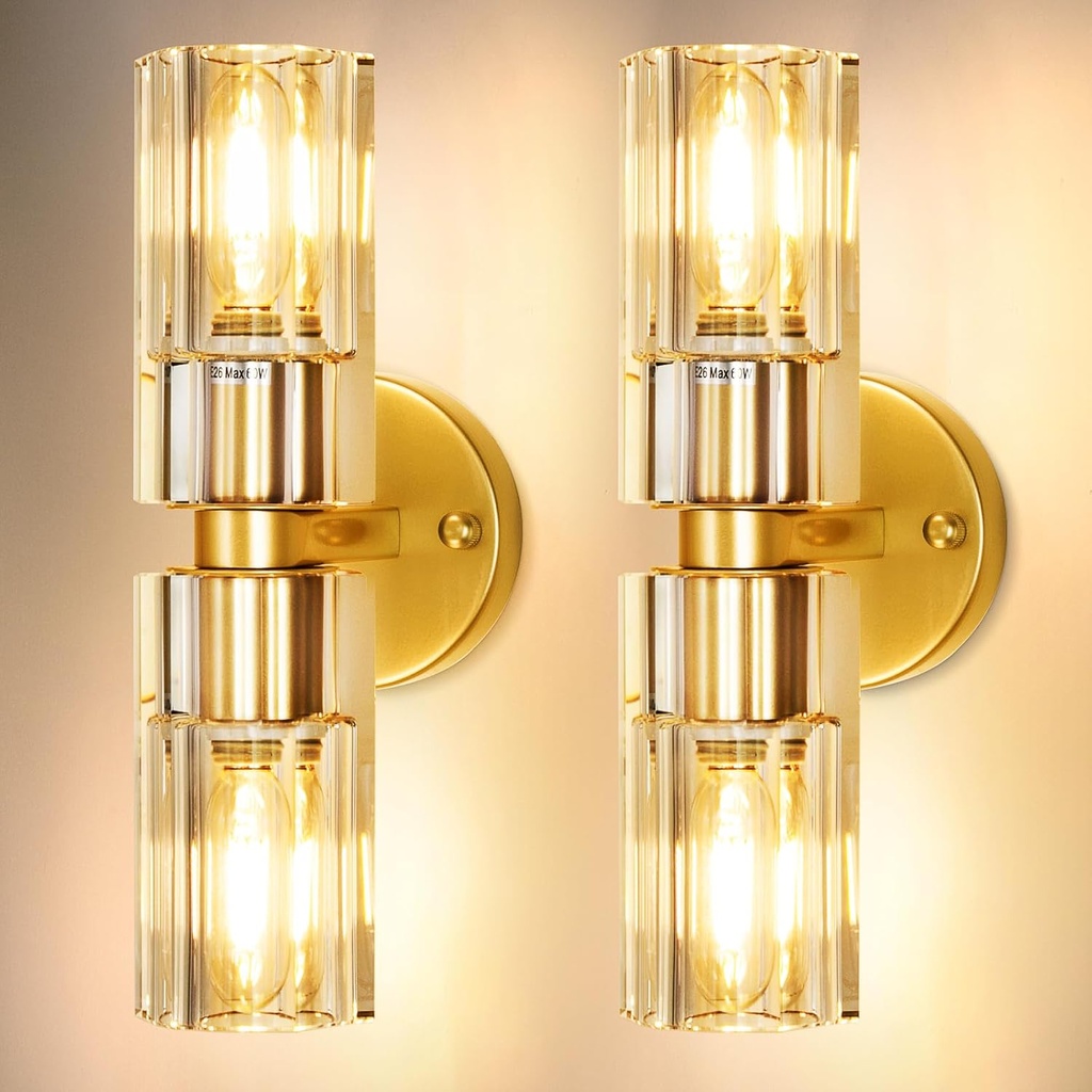 Crystal Wall Sconces Set of Two, 13'' Modern Brass Sconces Lighting with K9 Crystal Lampshade, Indoor Large Brass Wall Light Fixtures for Living Room Bathroom Hallway Stairs Bedroom