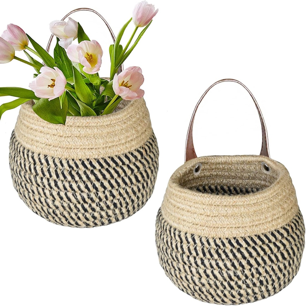 Set of 2 Jute Hanging Basket for Wall, Farmhouse Wall Basket Decor for Storage and Organizer,Decorative Wall Hanging Storage Baskets for Plants Small Cotton Rope Woven Closet Storage Bins