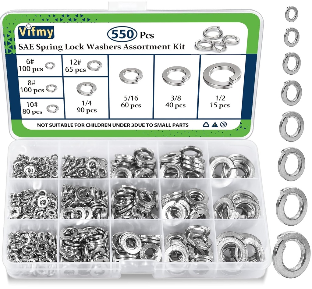 SAE Spring Lock Washers Assortment Kit(550 Pack), #6#8#10#12 1/4" 5/16" 3/8" 1/2" SAE Split Lock Washer Set, 304 Stainless Steel Lock Washers for Screws Bolts