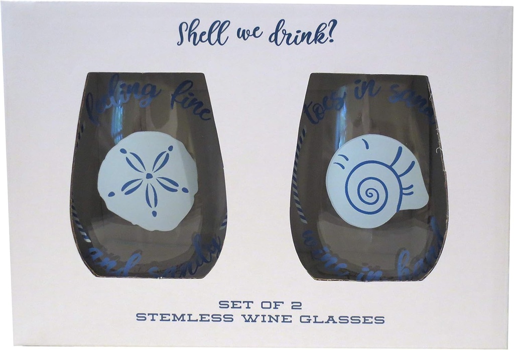 Twos Company Shell We Drink? Set of 2 Stemless Wine Glasses in Gift Box
