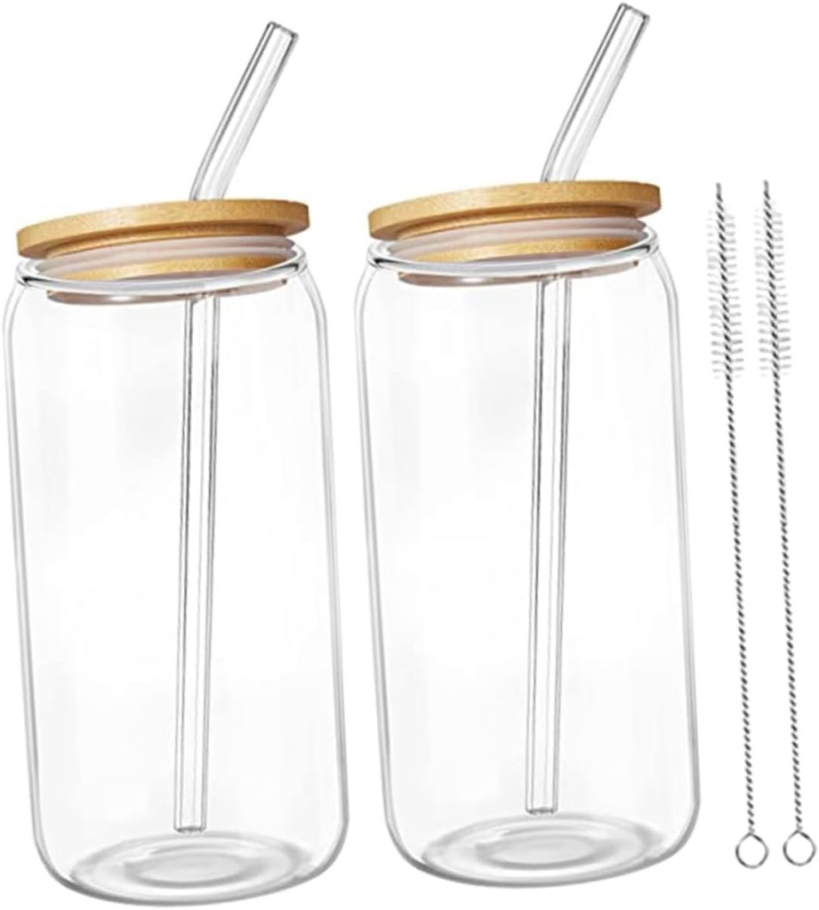 Luxshiny 2 Sets Glass Water Cup with Straw and Lid Portable Household Beverage Cups for Iced Coffee Juice Milk Tea Soda Easy Clean Transparent Drinkware for Bar and Restaurant Use