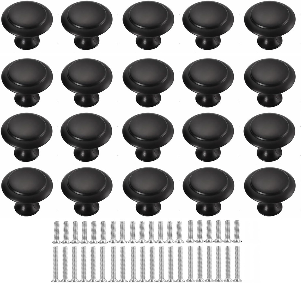 Matte Black Cabinet Knob, 1-1/5 inch Round Drawer Pulls, Dresser Knobs, Kitchen Knobs, Closet Cupboard Door Cabinet Knobs Pull Handles Hardware with Long Short Screws (Black 20 Pack)