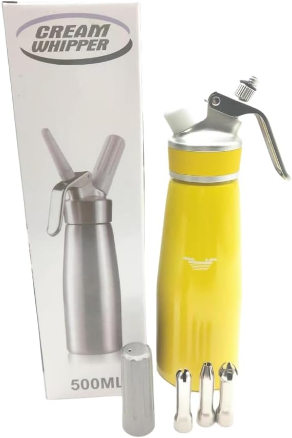 Professional Whipped-Cream Dispenser with Food-Grade Components, 3 Various Stainless Culinary Decorating Nozzles and 1 Brush (Yellow)