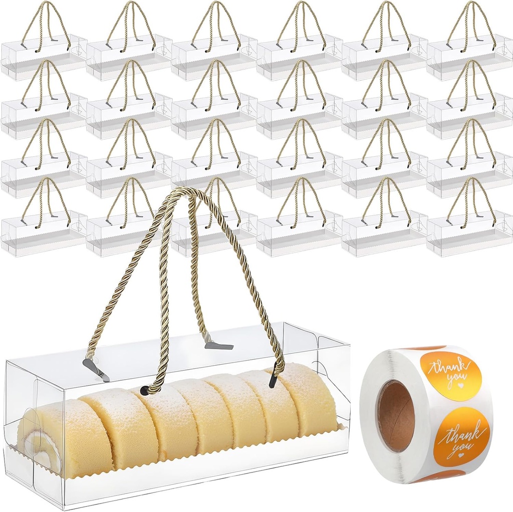 Qilery 36 Pcs Clear Cupcake Boxes with Thank You Label Stickers 3 Count Bulk Cupcake Containers with Handle Rectangular Bakery Box Gable Boxes for Thanksgiving Christmas Cakes Packaging 9 x 3 x 3 Inch