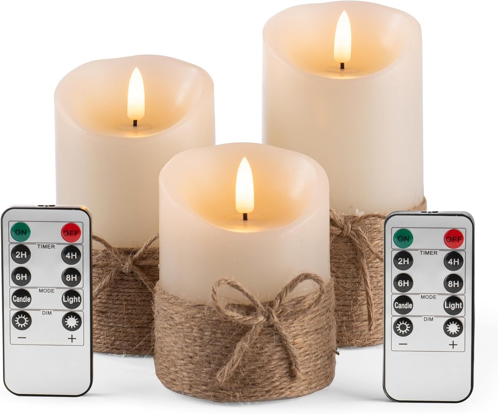 Flameless Candles Battery Operated Pillar Real Wax Electric LED Candle Gift Set with Remote Control and Timer, 4" 5" 6" Pack of 3 (Ivory Wax with Hemp Rope)