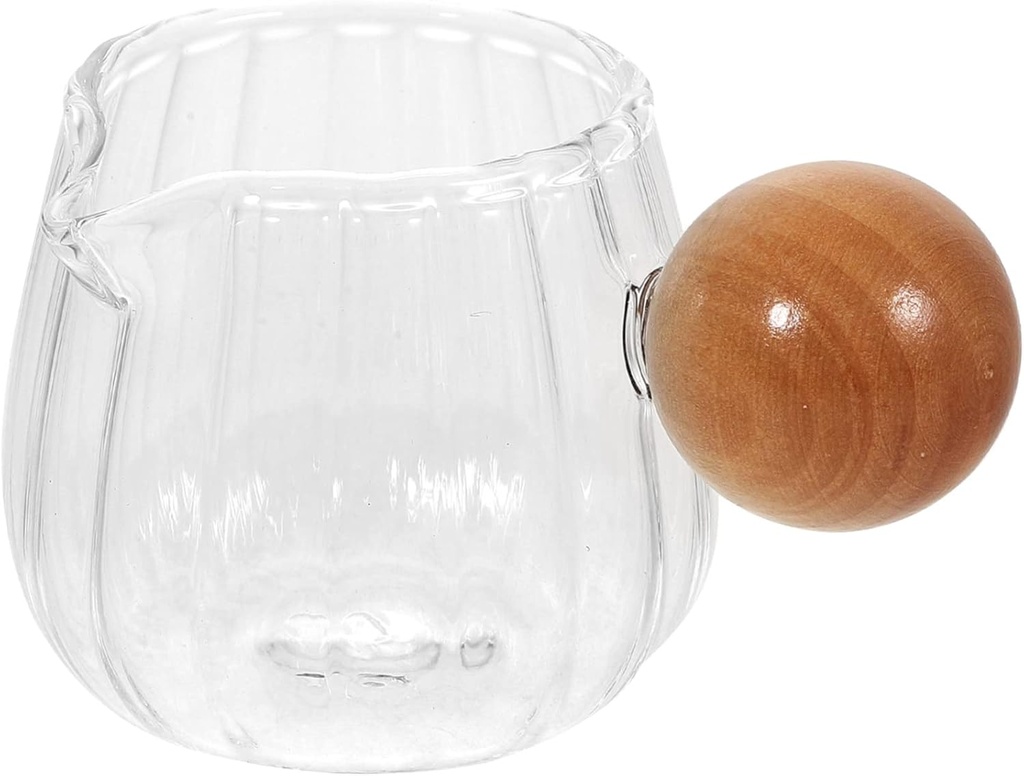 Sosoport Glass Creamer Pitcher with Wood Handle Striped Heat Resistant Milk Jug for Coffee Syrup and Sauce Pouring Multi Use Stylish Dispenser for Espresso and Kitchen Serving
